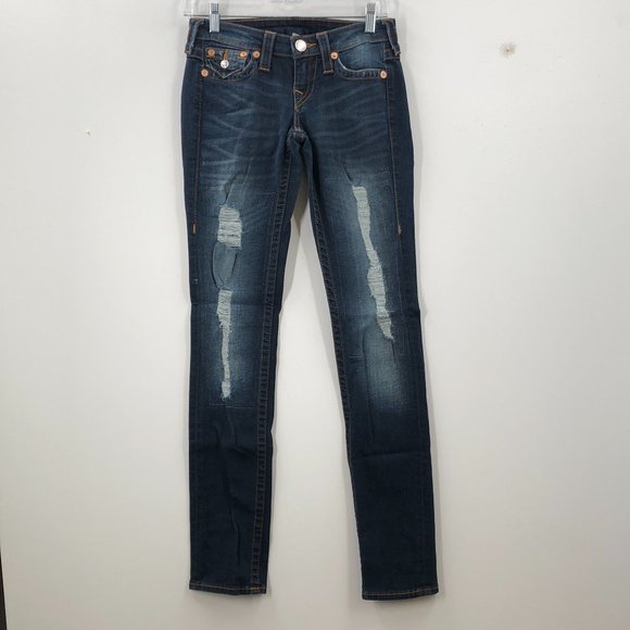True Religion Blue Medium Wash Distress Denim Skinny Jeans Size 25 - Picture 1 of 10